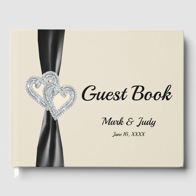 Black Ribbon Diamond Hearts Wedding Guestbook Gästebuch (Vorderseite)