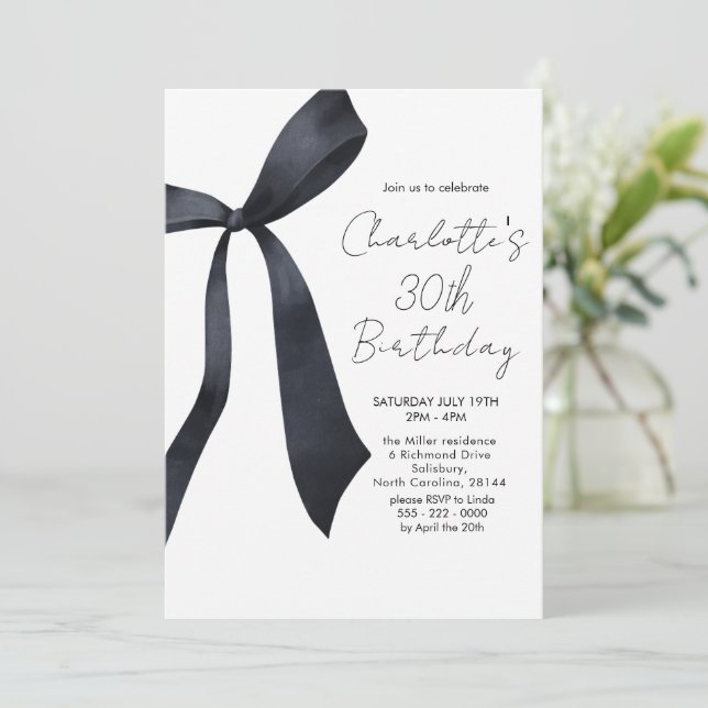 Black Ribbon Elegant 30. Geburtstag Einladung (Stehend Vorderseite)