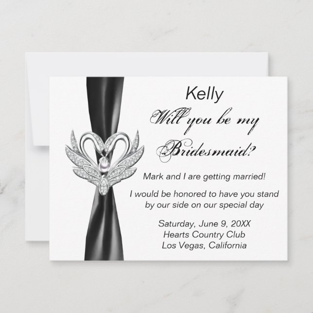 Black Ribbon Silver Swans Bridesmaid Card Einladung (Vorderseite)