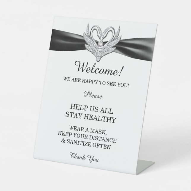 Black Ribbon Silver Swans Hochzeitsicherheit Sockelschild (Vorderseite)