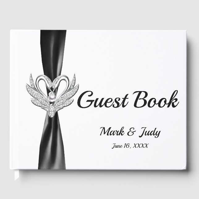 Black Ribbon Silver Swans Wedding Gästebuch (Vorderseite)