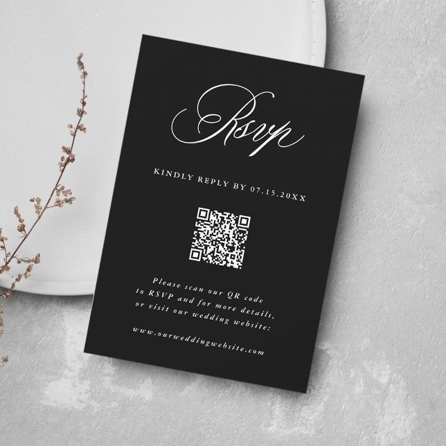 Black Romantic Calligraphy Wedding QR Code RSVP Karte (Von Creator hochgeladen)