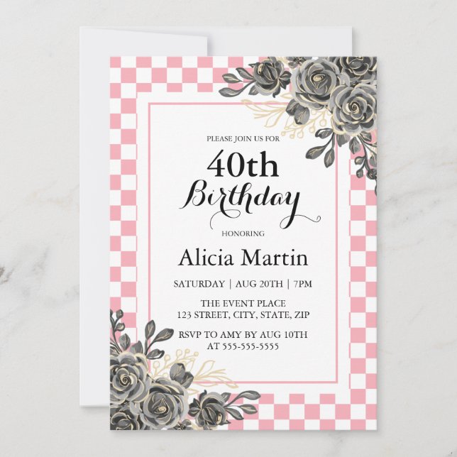 Black Rose Baby Pink & White Checkered Geburtstag Einladung (Vorderseite)
