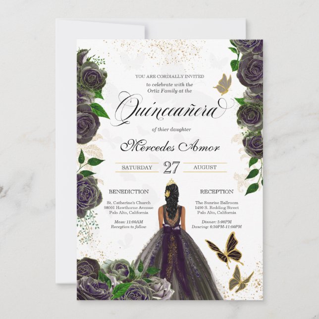 Black Rose Butterfly Mariposa Quinceanera Einladung (Vorderseite)