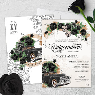 Black Rose Chicana Classic Lowrider Car Quince Einladung