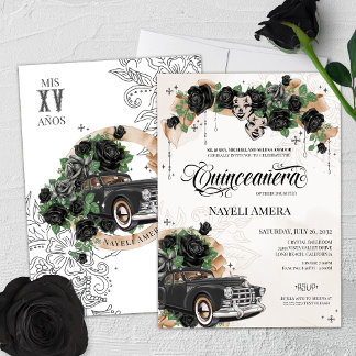 Black Rose Chicana Classic Lowrider Car Quince Einladung