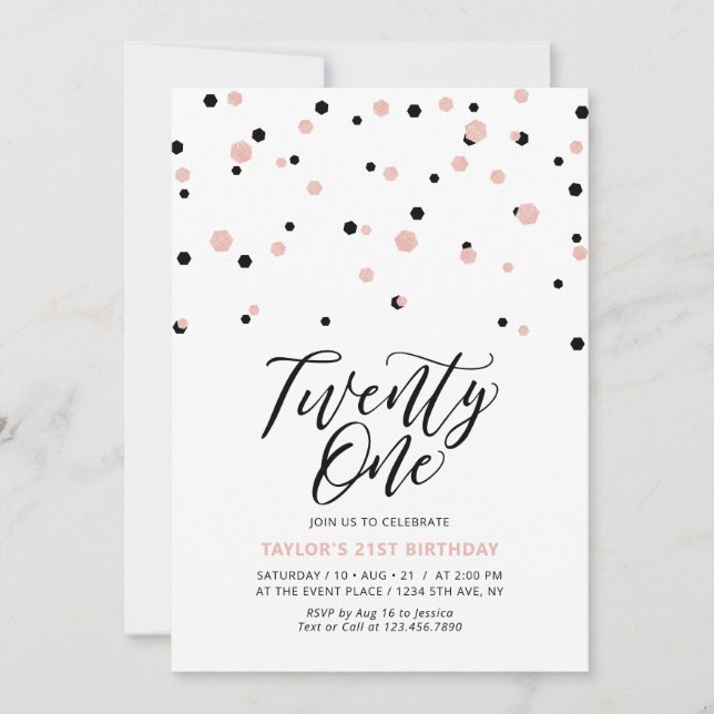 Black & Rose Gold 21. Geburtstag Party Einladung (Vorderseite)
