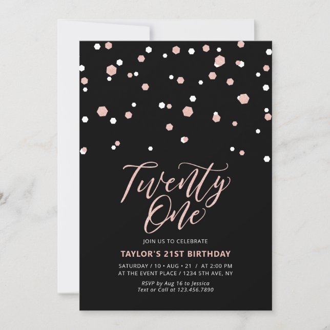 Black & Rose Gold 21. Geburtstag Party I Einladung (Vorderseite)