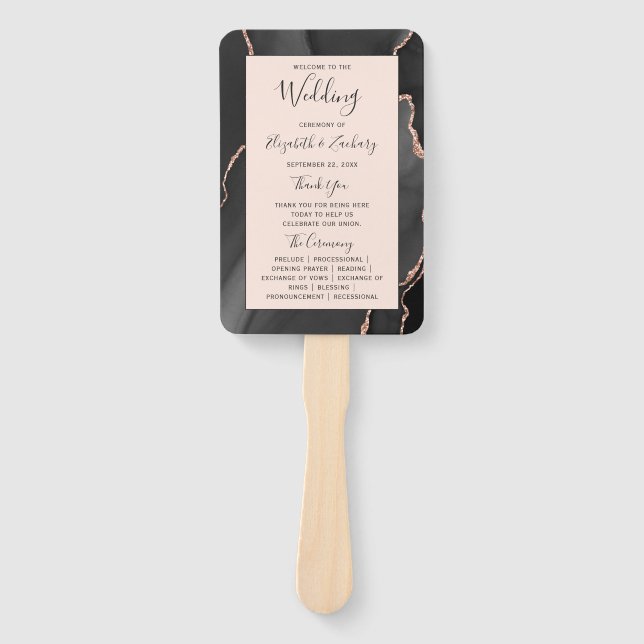 Black Rose Gold Agate Blush Hochzeitsprogramm Fächer (Vorderseite)