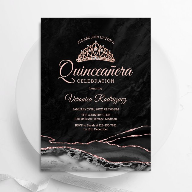 Black Rose Gold Agate Quinceanera Einladung (Von Creator hochgeladen)