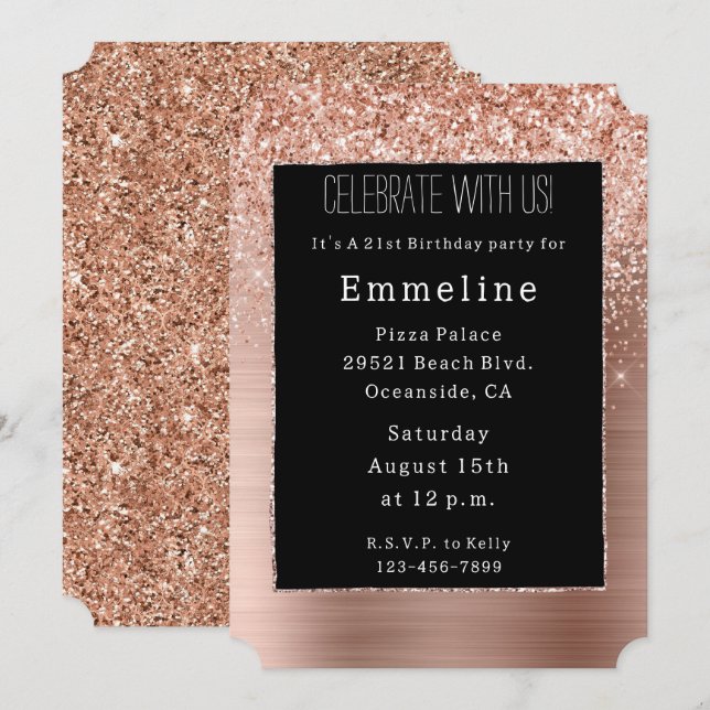 Black Rose Gold Blush Glitzer Einladung (Vorne/Hinten)