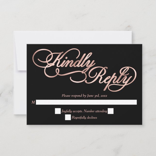 Black & Rose Gold Calligraphy Formal Wedding RSVP (Vorderseite)