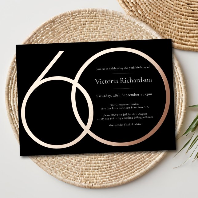 Black Rose Gold Custom Minimalistisch 60. Geburtst Folieneinladung (Black Rose Gold Custom Minimalist 60th Birthday Foil Invitation)