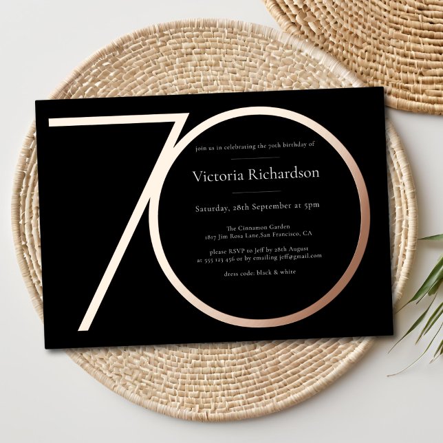 Black Rose Gold Custom Minimalistisch 70. Geburtst Folieneinladung (Black Rose Gold Custom Minimalist 70th Birthday Foil Invitation)