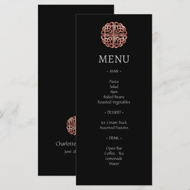 Black Rose Gold Dara Celtic Knot Wedding Menu Menükarte (Vorne/Hinten)