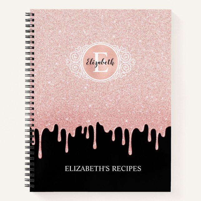Black Rose Gold Dripping Glitzer Rezept Kochbuch Notizbuch (Vorderseite)