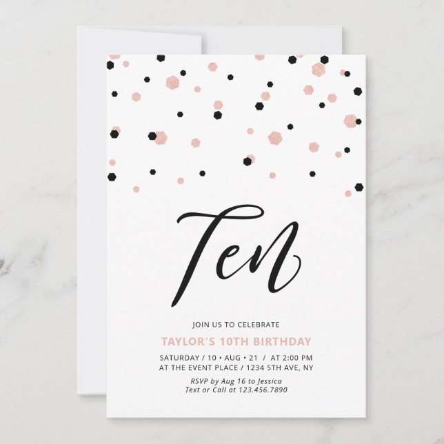 Black & Rose Gold Einfache 10. Teen Birthday Party Einladung (Vorderseite)