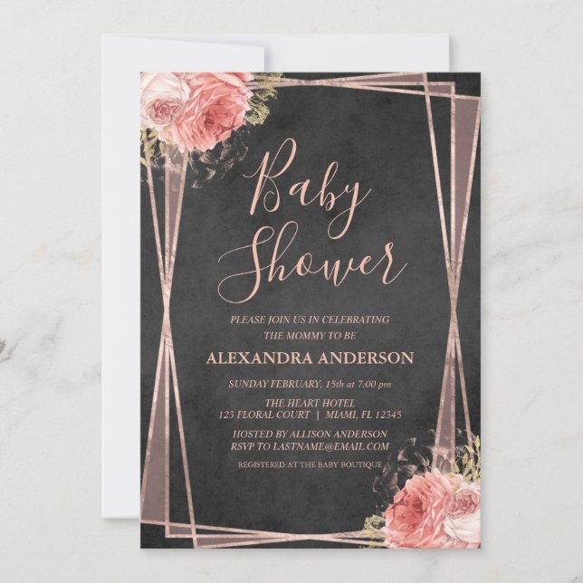 Black Rose Gold Floral Geometric Baby Dusche Einladung (Vorderseite)