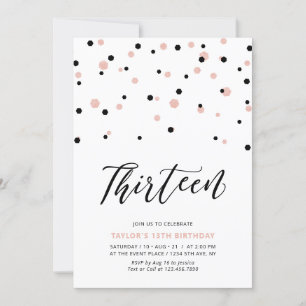 Black & Rose Gold Girl 13. Teen Birthday Party Einladung