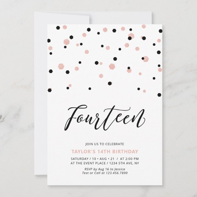 Black & Rose Gold Girl 14. Teen Birthday Party Einladung (Vorderseite)