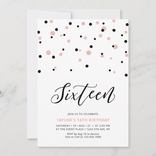 Black & Rose Gold Girl 16. Teen Birthday Party Einladung (Vorderseite)