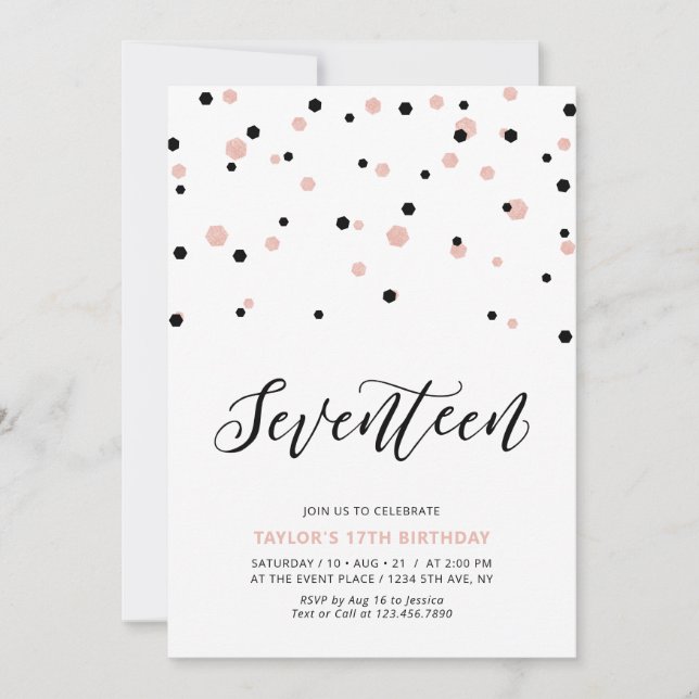 Black &Rose gold Girl 17. Teen Birthday Party Einladung (Vorderseite)