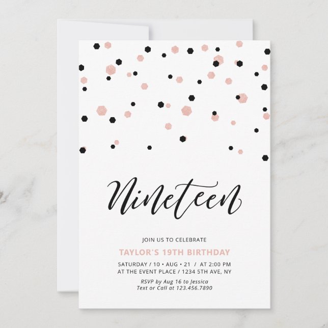 Black & Rose Gold Girl 19. Teen Birthday Party Einladung (Vorderseite)
