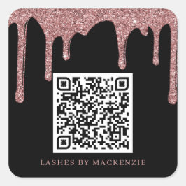 Black Rose Gold Glitter Drips QR Code Business Quadratischer Aufkleber