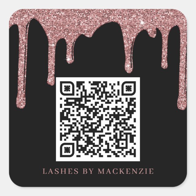 Black Rose Gold Glitter Drips QR Code Business Quadratischer Aufkleber (Vorderseite)
