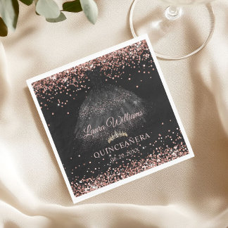 Black & Rose Gold Glitter Princess Quinceañera  Serviette