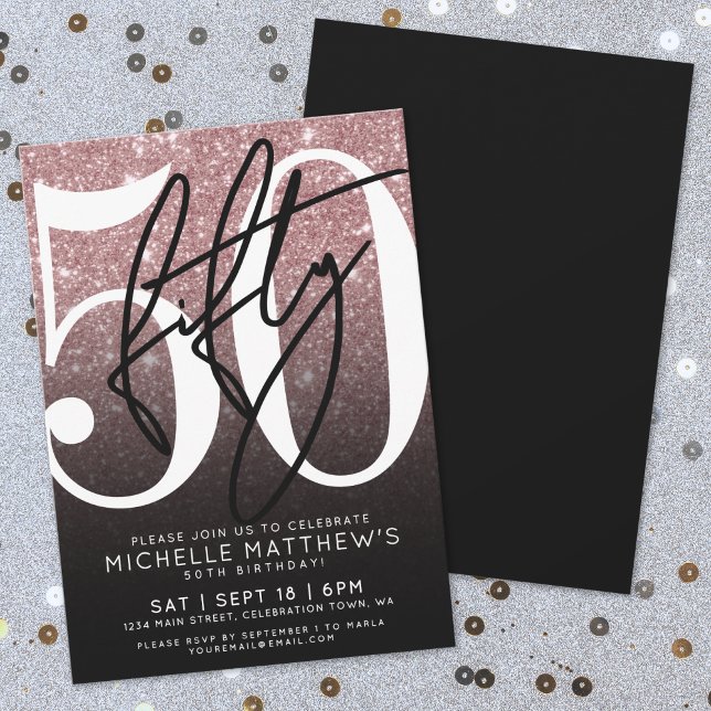 Black Rose Gold Glitzer 50. Geburtstag Einladung (Black Rose Gold Glitter 50th Birthday Invitation)