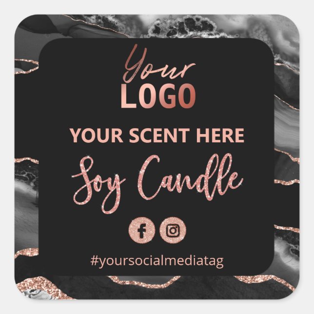 Black Rose Gold Glitzer Agate Soy Candle Labels Quadratischer Aufkleber (Vorderseite)