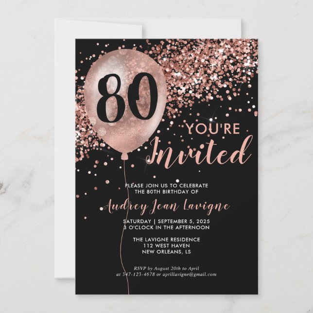 Black Rose Gold Glitzer Ballon jedes Alter Geburts Einladung (Vorderseite)
