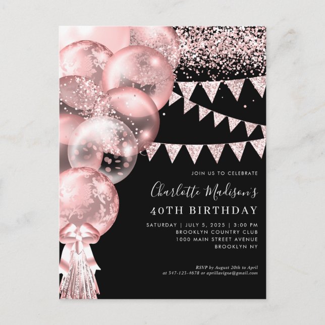 Black Rose Gold Glitzer Ballon jedes Alter Geburts Postkarte (Vorderseite)