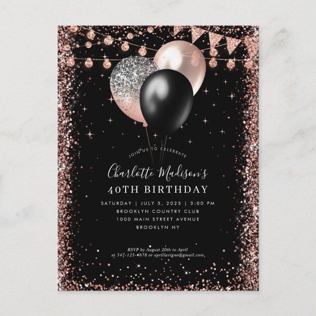 Black Rose Gold Glitzer Ballon jedes Alter Geburts Postkarte (Vorderseite)