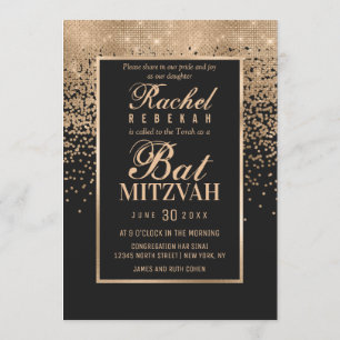 Black Rose Gold Glitzer Confetti Foto Bat Mitzvah Einladung