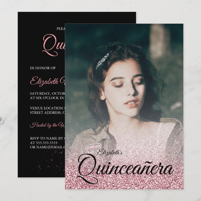 Black Rose Gold Glitzer Dress Foto Quinceanera Einladung (Vorne/Hinten)
