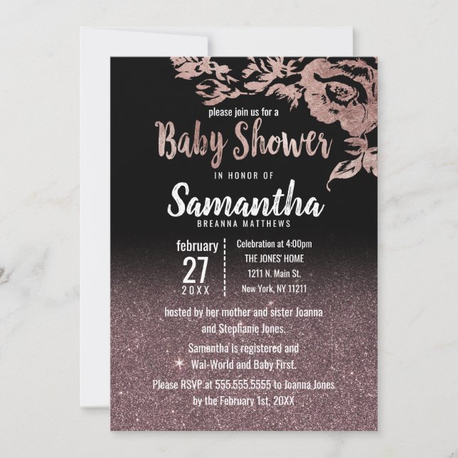 Black Rose Gold Glitzer Floral Baby Dusche Einladung (Vorderseite)