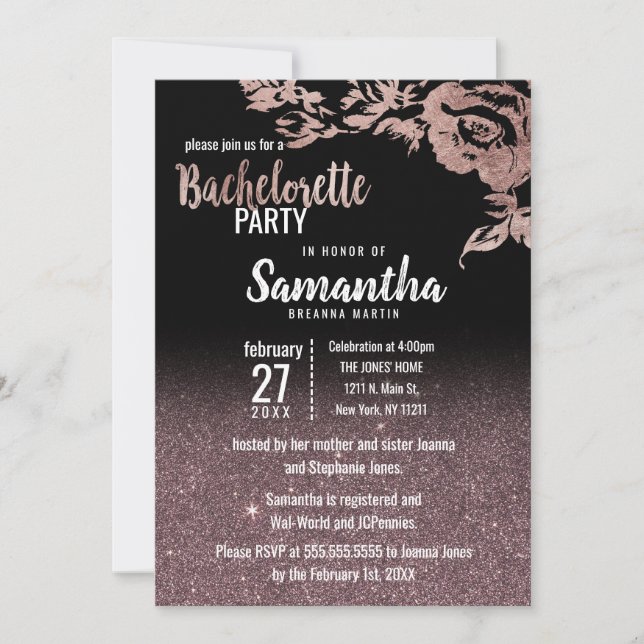 Black Rose Gold Glitzer Floral Bachelorette Einladung (Vorderseite)