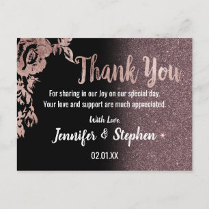Black Rose Gold Glitzer Floral Vielen Dank Postkarte