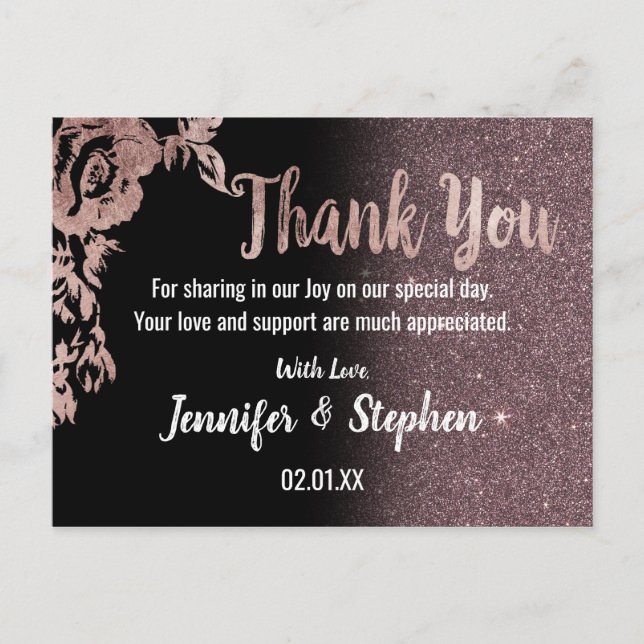 Black Rose Gold Glitzer Floral Vielen Dank Postkarte (Vorderseite)