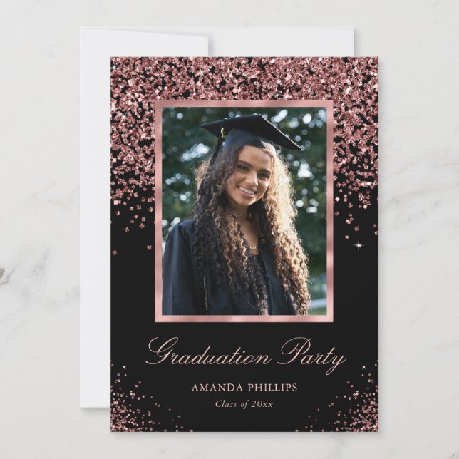 Black Rose Gold Glitzer Foto Graduation Party Einladung (Vorderseite)