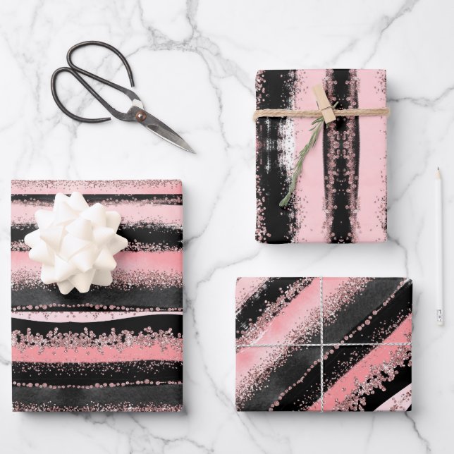 Black Rose Gold Glitzer Geschenkpapier Set (Vorderseite)