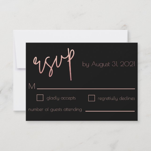 Black & Rose Gold Glitzer Hochzeit RSVP Karte (Vorderseite)