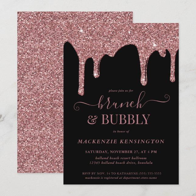 Black Rose Gold Glitzer Tropfen Brunch Bubbly Einladung (Vorne/Hinten)