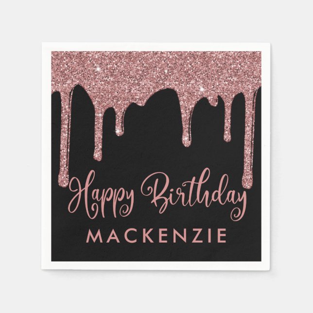 Black Rose Gold Glitzer Tropfen Geburtstag Serviette (Vorderseite)