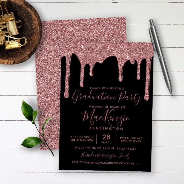 Black Rose Gold Glitzer Tropfens Graduation Party Einladung (Von Creator hochgeladen)