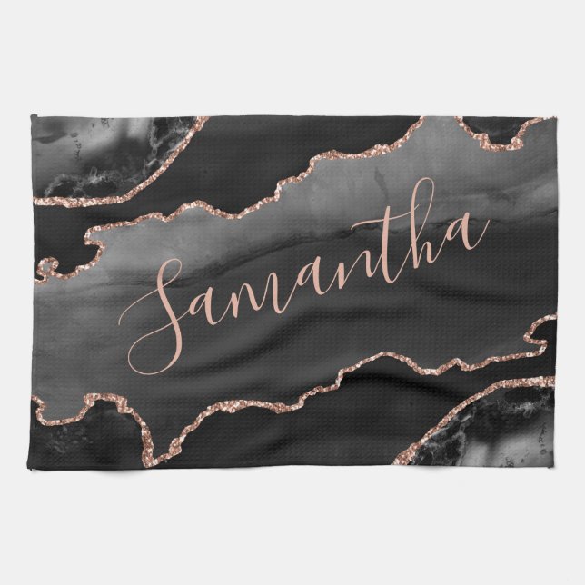 Black & Rose Gold Imitate Glitzer Agate Geschirrtuch (Horizontal)
