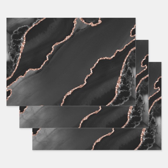 Black & Rose Gold Imitate Glitzer Design Geschenkpapier Set (Set)