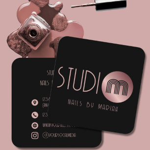 Black Rose Gold Monogram Nail Artist Quadratische Visitenkarte